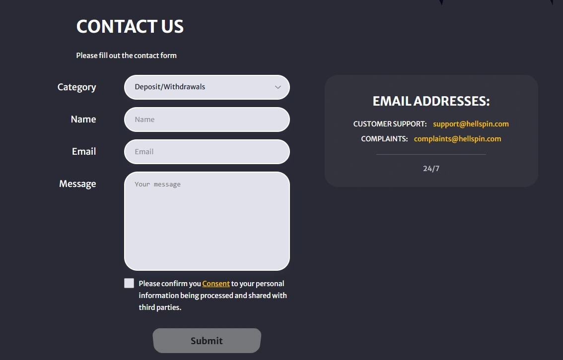 HellSpin Casino contact us support form